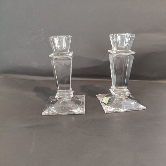 Shannon 24% Lead Crystal Candlestick Holders Square Pedestal Set of 2 Pair - Picture 6 of 7